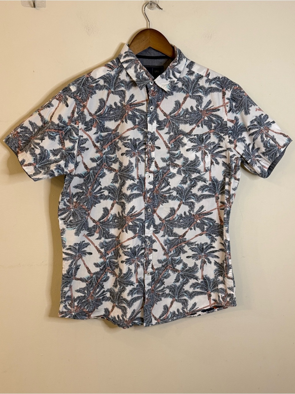 Rugby short sleeve button up shirt tropical palm trees SZ LG